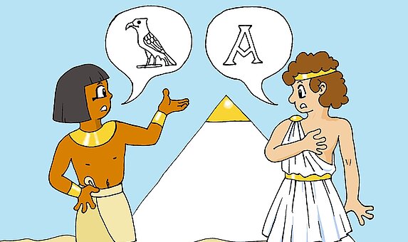 Comic mit der Darstellung eines Ägypters und eines Griechen, die miteinander sprechen