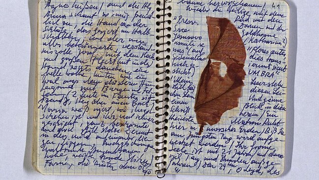 Offenes Notizbuch, mit Hand vollgeschrieben, rechts ein Stück rotes Blatt.